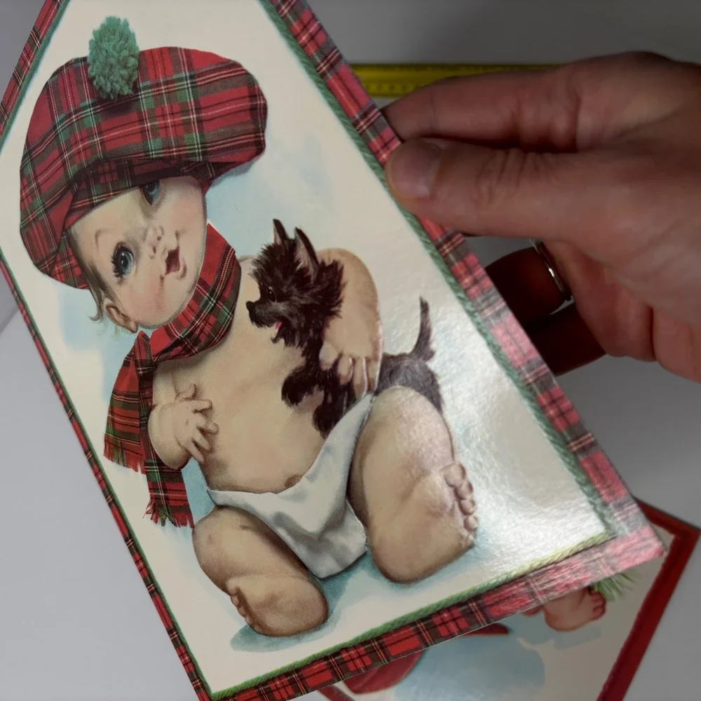 VTG Large MCM Greeting Cards Baby Boy Fireman Dog Scottish Hat Ephemera USA